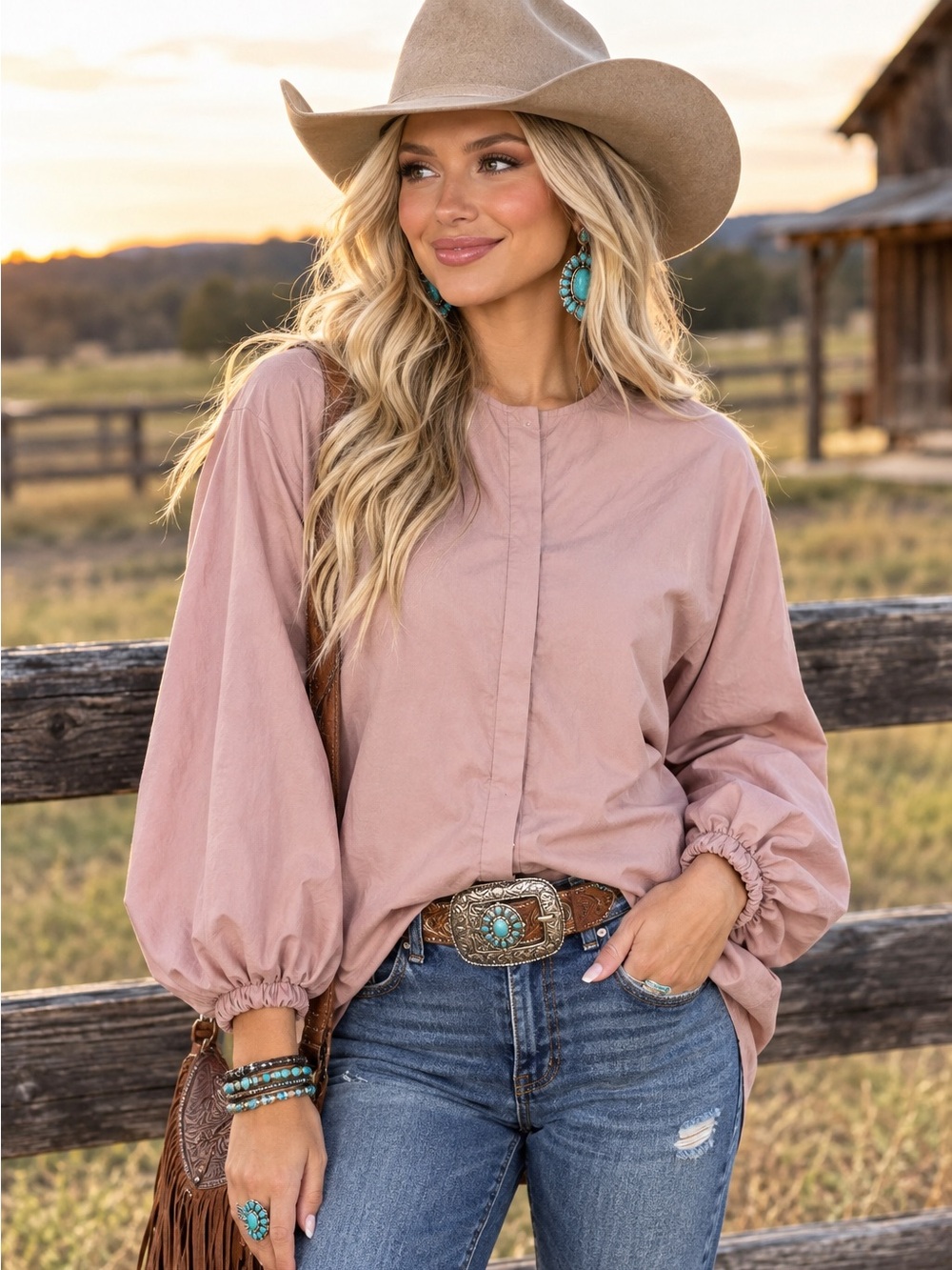 Zara collarless button down balloon sleeve blouse in dusty rose M